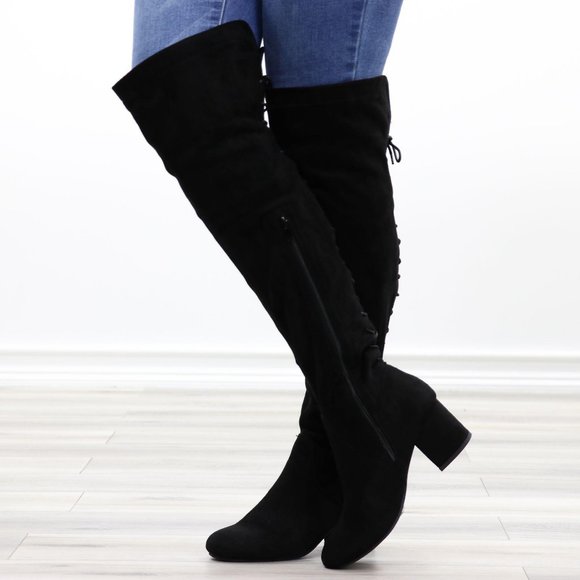 Over The Knee Block Heel Boots With Lace Up Back - Picture 8 of 16